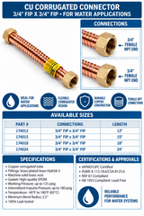 Copper Corrugated Water Heater Connector – 3/4" FIP x 3/4" FIP