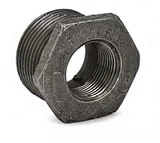 Ductile iron threaded hex bushing with male and female NPT connections on a white background.