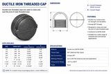 Ductile iron threaded cap showing technical specifications, dimensions, features, and available sizes.
