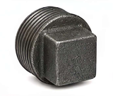Ductile iron threaded square head plug with male NPT threads on a white background.