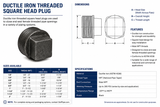 Ductile iron threaded square head plug showing technical specifications, dimensions, features, and available sizes.