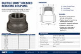 Ductile iron threaded reducing coupling technical specifications, dimensions, features, and available sizes.