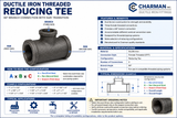 Charman ductile iron threaded reducing tee specifications, connection configuration, sizing guide, features and applications