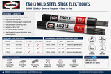 Harris E6013 welding electrode infographic showing SMAW process, 3/32, 1/8 and 5/32 inch diameters, 5 lb and 10 lb package options, AC or DCEP operation, all-position welding, recommended amperage ranges, features, applications, and E6013 classification.