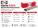Harris E7014 stick welding electrode specifications showing available diameters, 5 lb and 10 lb package options, key features and common applications