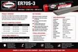 Harris ER70S-3 TIG welding rod specifications showing 1/16, 3/32 and 1/8 inch diameters, 36 inch rod length, 10 lb package size, AWS classification, features, and applications