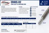Harris ER80S-D2 low-alloy TIG welding rod technical specifications showing applications, chemical composition, mechanical properties, shielding gas, classifications, and available sizes.