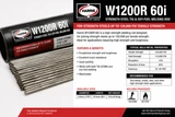 Harris W1200R 60i strength steel TIG and oxy-fuel welding rod secondary image showing product features, weld metal properties, recommended applications, available size, and supported welding processes.