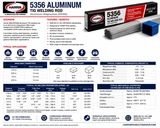 Harris 5356 aluminum TIG welding rod product guide showing R5356 specifications, available diameters and package sizes, TIG welding parameters, chemical composition, mechanical properties, and common applications.