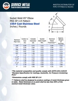 Stainless Steel 150# Socket Weld 45° Elbow Spec Sheet