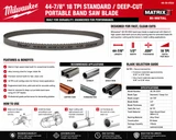Milwaukee 48-39-0520 44-7/8" 18 TPI portable band saw blade specifications, features, cutting applications and blade selection guide