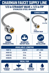 Charman Faucet Supply Line - 1/2" Straight Valve x 1/2" FIP - Spec Sheet