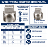 304 Stainless Steel 150# Threaded Square Head Solid Plug - SP114 Spec Sheet