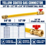 5/8" OD Yellow Coated Gas Connector with Straight Ball Valve - 1/2" FIP x 3/4" FIP Specs Sheet