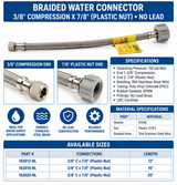 Charman Stainless Braided Toilet Connector - 3/8" Compression x 7/8" Plastic Nut Spec Sheet