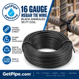 GetPipe Approved 16 Gauge Black Annealed Rebar Tie Wire - 95 ft Coil for Rebar Tying and Concrete Construction