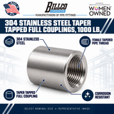 Billco 304 Stainless Steel Taper Tapped Full Couplings, 1000 lb feature graphic