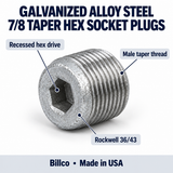 Representative features graphic: Billco galvanized alloy steel 7/8 taper hex socket plug, recessed hex drive, male taper thread, Rockwell 36/43.