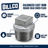 Galvanized square head cored plug features: cast iron, male pipe thread