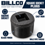 Black cast iron square socket plug features and male pipe thread