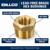 Lead-free brass hex bushing features: male and female pipe threads
