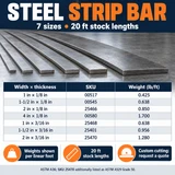 Steel strip bar chart showing seven width-and-thickness options, matching SKUs, weights per foot and 20-foot stock lengths.