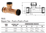 Nibco® P615 Wrot Racer® Repair Tee Dimensions