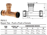 Nibco® P615-3 Wrot Racer® Repair Tee Dimensions