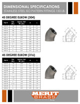150# Stainless Steel 45° Elbow ISO 49 Dimensions