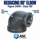 Black malleable iron reducing 90° elbow, Figure 3101R, Class 150 showing female npt threads and two connection sizes