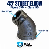 Black malleable iron 45° street elbow, Figure 3104, Class 150 showing male npt end and female npt end