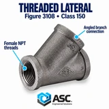 Black malleable iron threaded lateral, Figure 3108, Class 150 showing female npt threads and angled branch connection