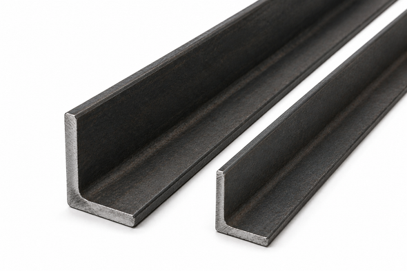 A36/GR50 carbon steel angle iron sold by the foot, available in multiple sizes with custom cut options for structural and fabrication applications.