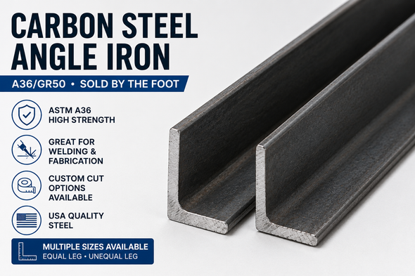Hot rolled carbon steel angle iron in multiple sizes showing the L-shaped profile, ideal for welding, fabrication, framing, supports and structural applications.