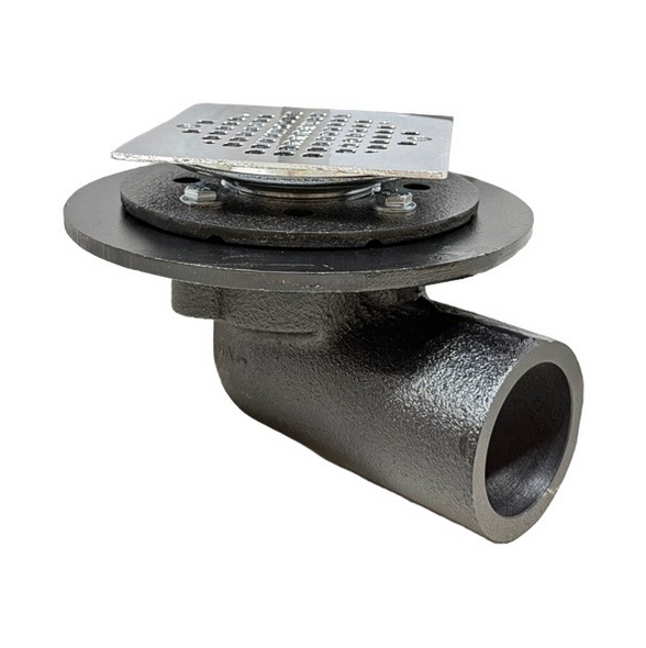 2″ No-Hub Cast Iron Side Outlet Shower Drain w/4″ Chrome-Plated Brass Square Strainer