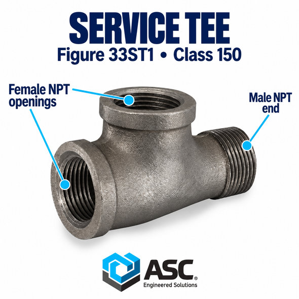 Black malleable iron service tee, Figure 33ST1, Class 150 showing male npt end and female npt openings