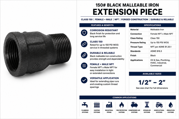 150# Black Malleable Iron Extension Piece specification chart showing female NPT x male NPT threaded connections, Class 150 pressure rating, available sizes from 1/2" through 2", product features, specifications, and common industrial piping applications.