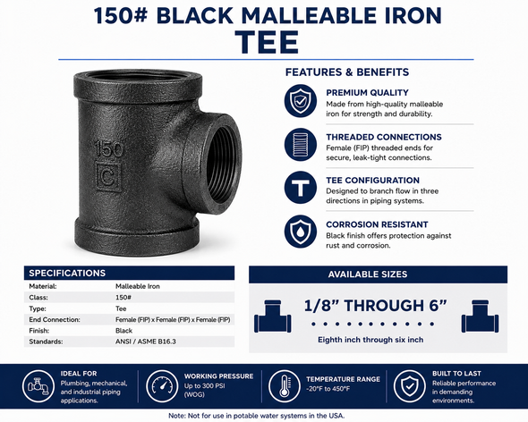 150# Black Malleable Iron Tee Specifications, Features, Applications and Available Sizes 1/8" Through 6"