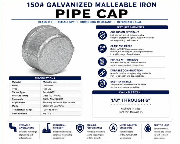150# Galvanized Malleable Iron Pipe Cap with female NPT threaded connection available in sizes from 1/8 inch through 6 inch for sealing the end of threaded pipe in plumbing, industrial, mechanical, fire protection, and commercial piping systems.