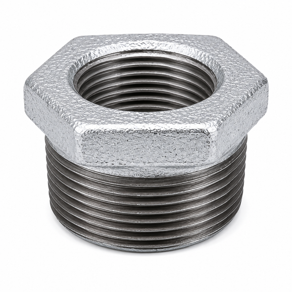 150# Galvanized Malleable Iron Hex Bushing with female NPT x male NPT threaded connections, available in reducing sizes from 1/4 inch x 1/8 inch through 6 inch x 5 inch for connecting larger threaded pipe or fittings to smaller pipe sizes in plumbing, industrial, mechanical, fire protection, and commercial piping systems.