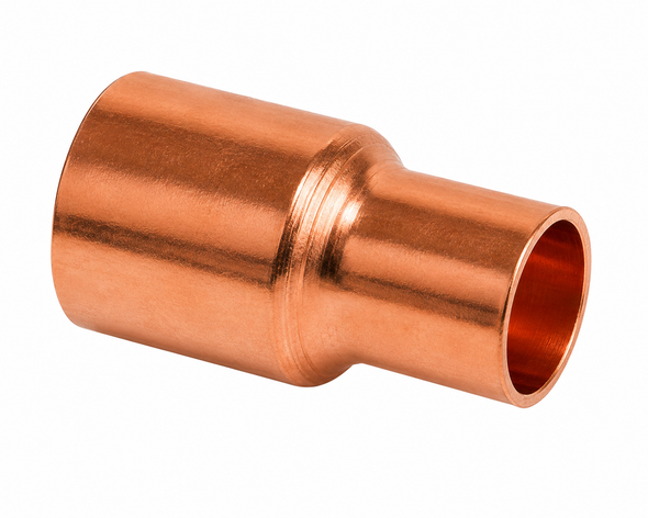 Domestic wrot copper reducing coupling with copper sweat x copper sweat connections for joining different-size copper tube in plumbing, potable water, HVAC, hydronic heating, and mechanical piping systems.