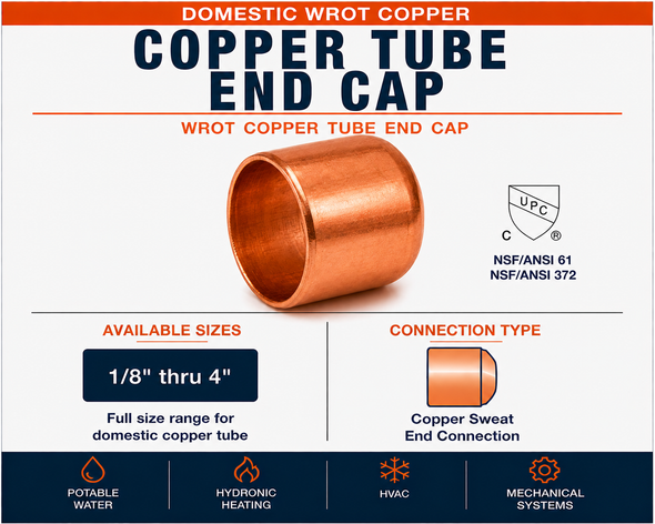 Domestic wrot copper tube end cap product information showing copper sweat end cap connection, available sizes from 1/8 inch through 4 inch, and applications for potable water, hydronic heating, HVAC, and mechanical piping systems.