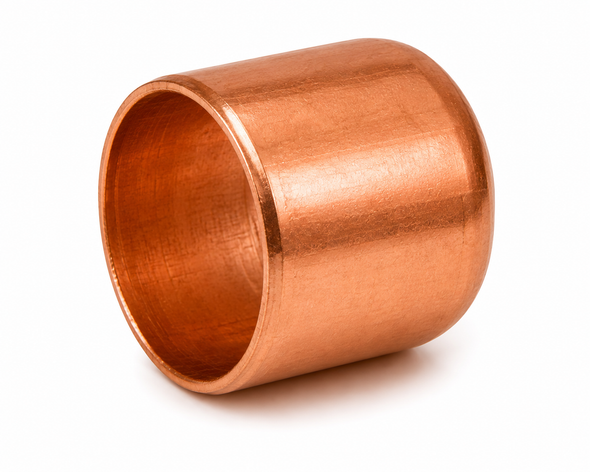 Domestic wrot copper tube end cap with copper sweat connection for permanently sealing the end of copper tube in plumbing, potable water, HVAC, hydronic heating, and mechanical piping systems.
