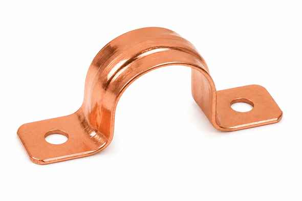 Domestic wrot copper two-hole plated tube strap for securely supporting and fastening copper tube to walls, studs, joists, and structural framing in plumbing, potable water, HVAC, hydronic heating, and mechanical piping systems.