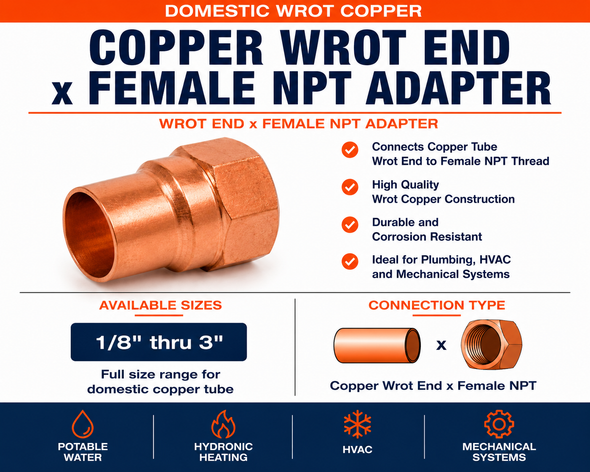 Domestic wrot copper wrot end x female NPT adapter product information showing copper sweat x female NPT connection, available sizes from 1/8 inch through 3 inch, and applications for potable water, hydronic heating, HVAC, and mechanical piping systems.