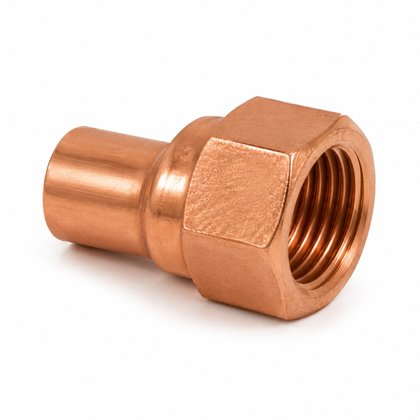 Domestic wrot copper x female NPT reducing adapter with copper sweat end and reducing female NPT threaded connection for transitioning from copper tube to a smaller threaded pipe connection in plumbing, potable water, HVAC, hydronic heating, and mechanical piping systems.