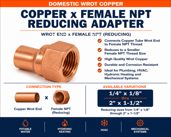 Domestic wrot copper x female NPT reducing adapter product information showing copper sweat x reducing female NPT connection, available reducing sizes from 1/4 inch x 1/8 inch through 2 inch x 1-1/2 inch, and applications for potable water, hydronic heating, HVAC, and mechanical piping systems.