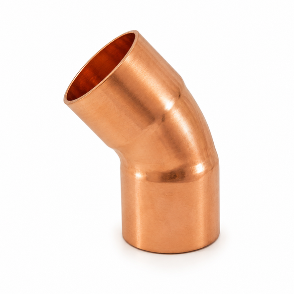 Domestic Wrot Copper x Copper 45° Elbow with copper sweat connections for smooth directional changes in plumbing, HVAC, refrigeration, and industrial piping systems.