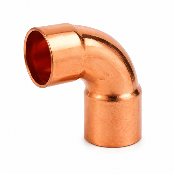 Domestic Wrot Copper Reducing 90° Elbow – CxC with copper sweat connections for reducing 90-degree directional changes in plumbing, HVAC, refrigeration, and industrial piping systems.