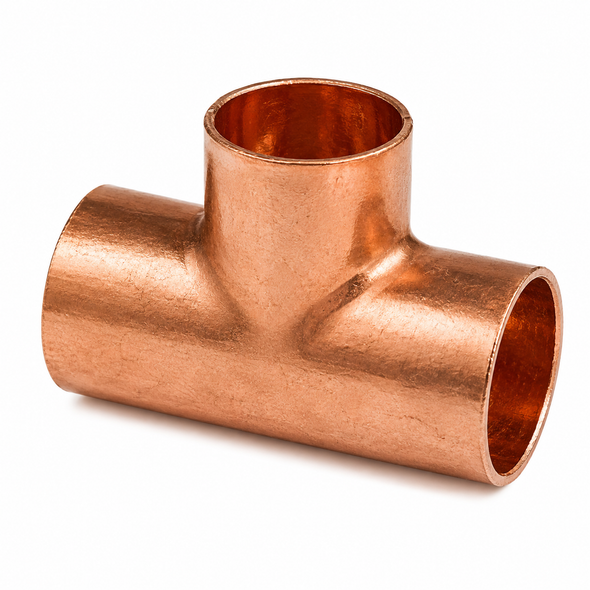Domestic Wrot Copper x Copper x Copper Tee with copper sweat connections for branching copper piping in plumbing, HVAC, refrigeration, and industrial piping systems.